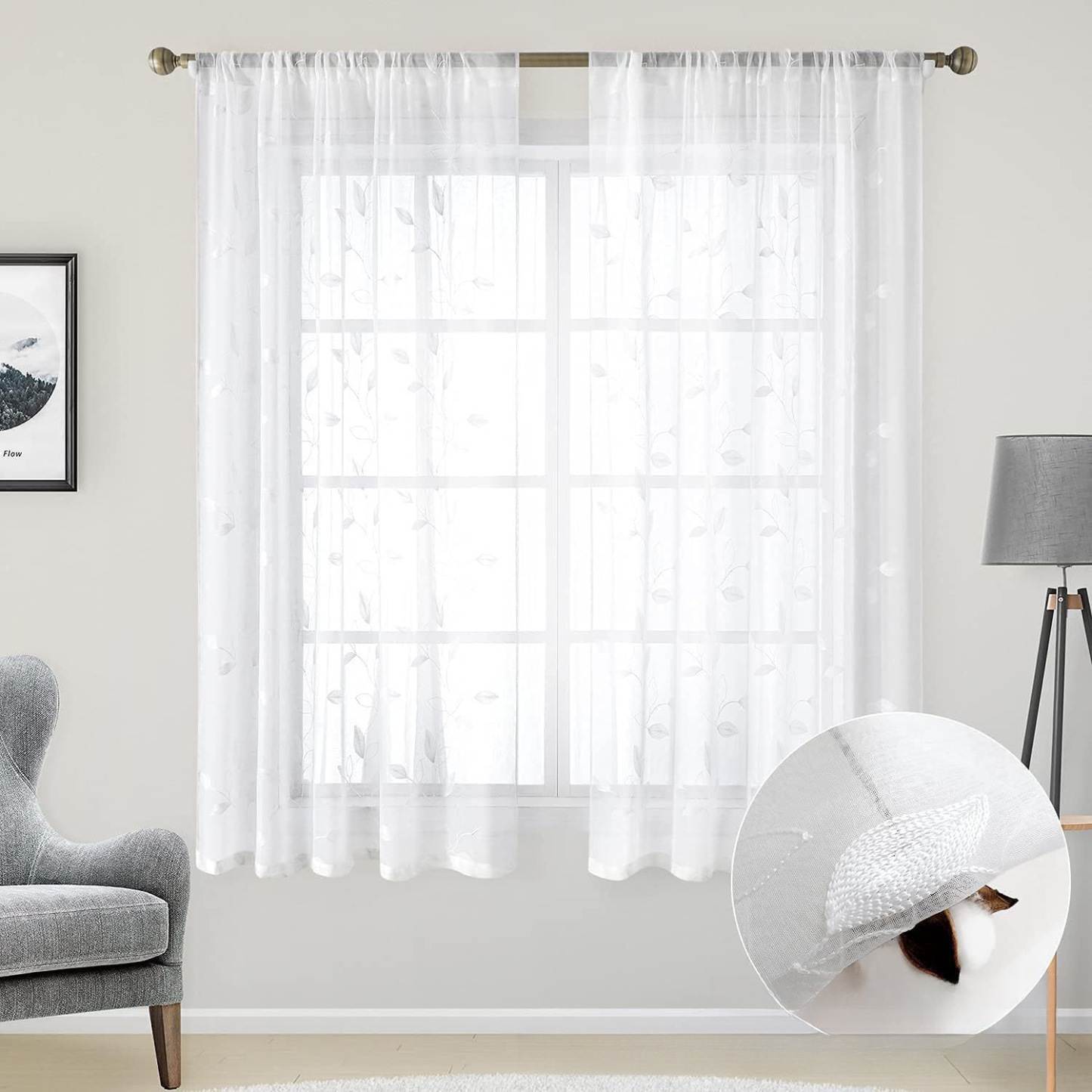 American-Style Leaf Embroidered Sheer Curtains – Ready-Made Panels for Living Room & Bedroom