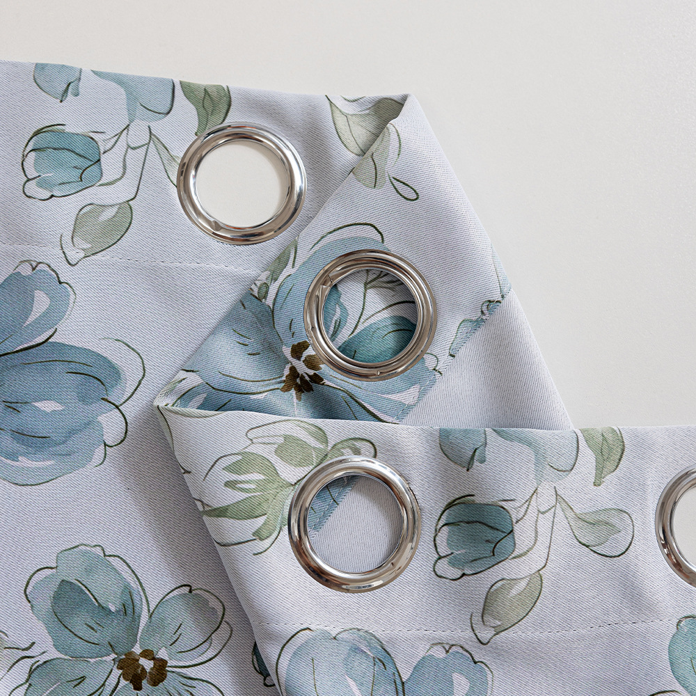 Blue Floral Printed Grommet Blackout Curtains – Small Panels for Bedrooms & Living Rooms