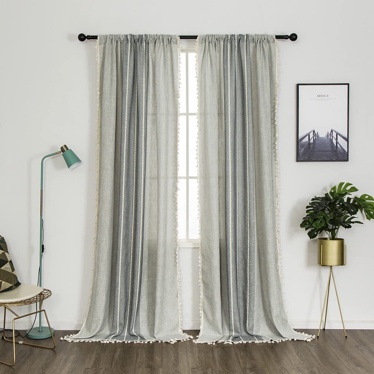 Boho Linen Cotton Short Curtain with Tassels | Semi-Blackout Café Curtain | Bohemian Farmhouse Style for Bedroom/Living Room/Kitchen