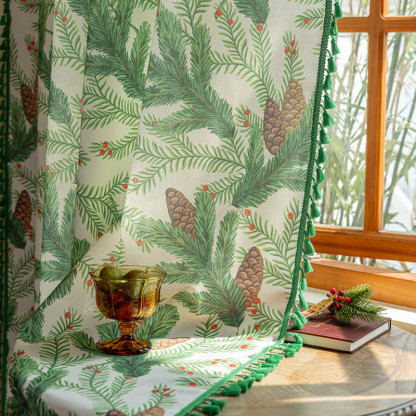 Nordic INS Style Green Plant Printed Curtain │ Semi-Blackout │ No-Drill Ready-Made │ Balcony & Bay Window