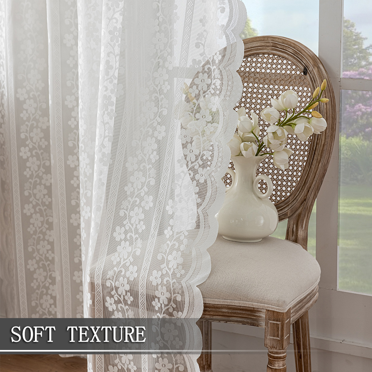 New Vertical Stripe Rose Knitted Lace Curtain │ Rod Pocket │ Semi-Blackout │ Elegant Window Décor