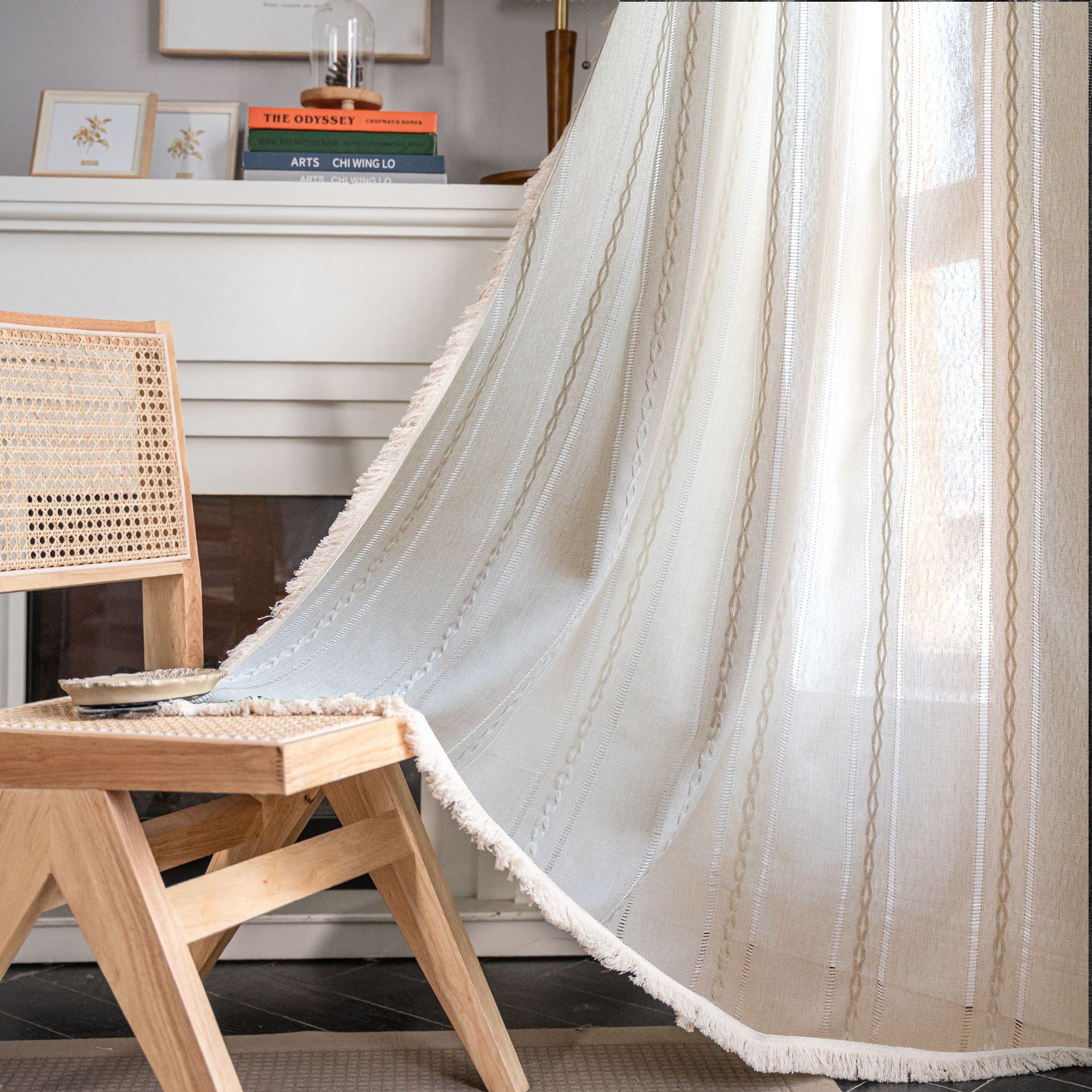 Hollow Stripe Semi-Blackout Embroidered Curtain – Green Solid Color with Contrast Trim, Country Style with Tassels for Kitchen