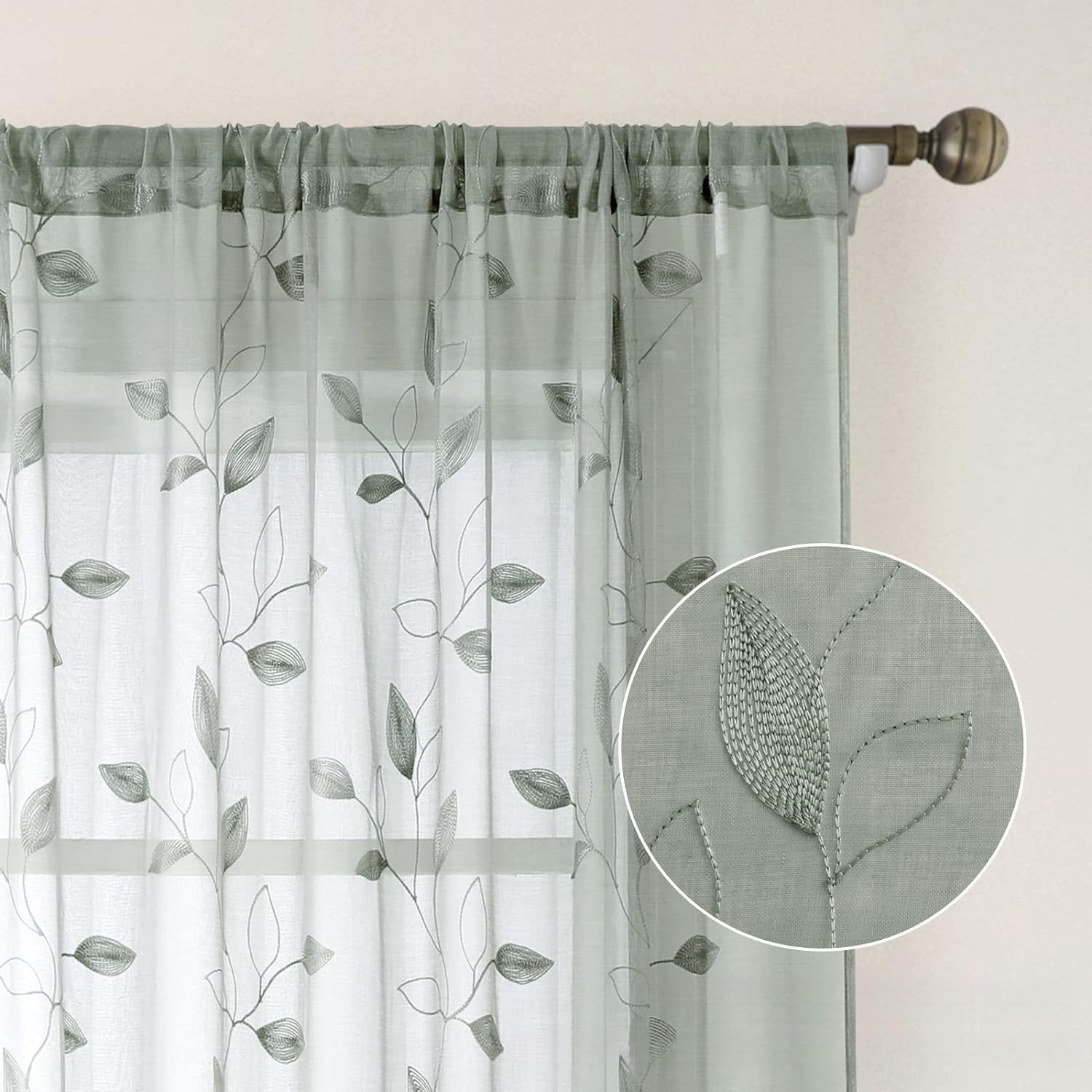 American-Style Leaf Embroidered Sheer Curtains – Ready-Made Panels for Living Room & Bedroom