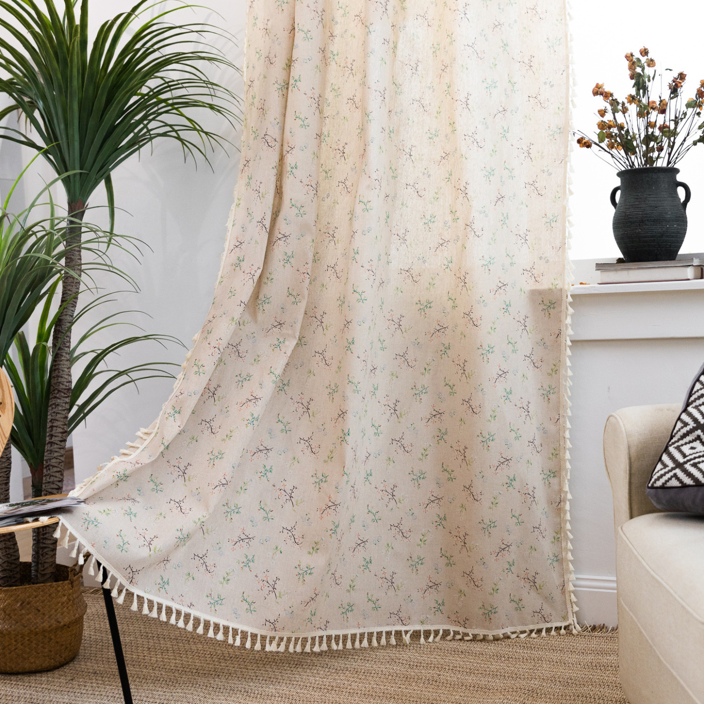 North American Style Cotton-Linen Half Curtain │ Tassel Trim │ Semi-Blackout │ Small Window / Kitchen / Bay Window