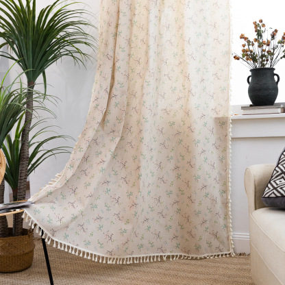 North American Style Cotton-Linen Half Curtain │ Tassel Trim │ Semi-Blackout │ Small Window / Kitchen / Bay Window