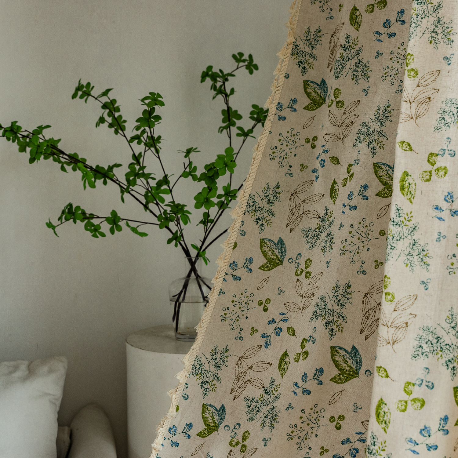 Rod Pocket Curtain │ Cute Green Leaf Floral │ Cotton-Linen │ Japanese & Korean Style │ Short Half Panel for Kitchen / Small Window