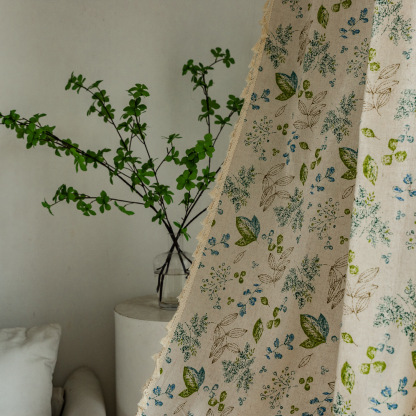 Rod Pocket Curtain │ Cute Green Leaf Floral │ Cotton-Linen │ Japanese & Korean Style │ Short Half Panel for Kitchen / Small Window