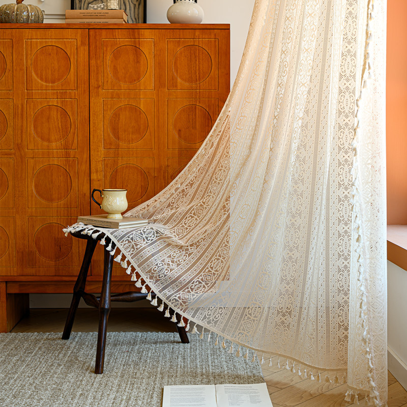 Rod Pocket French Sheer Lace Curtain │ Hollow Design │ Bohemian Tassel │ Bedroom & Living Room