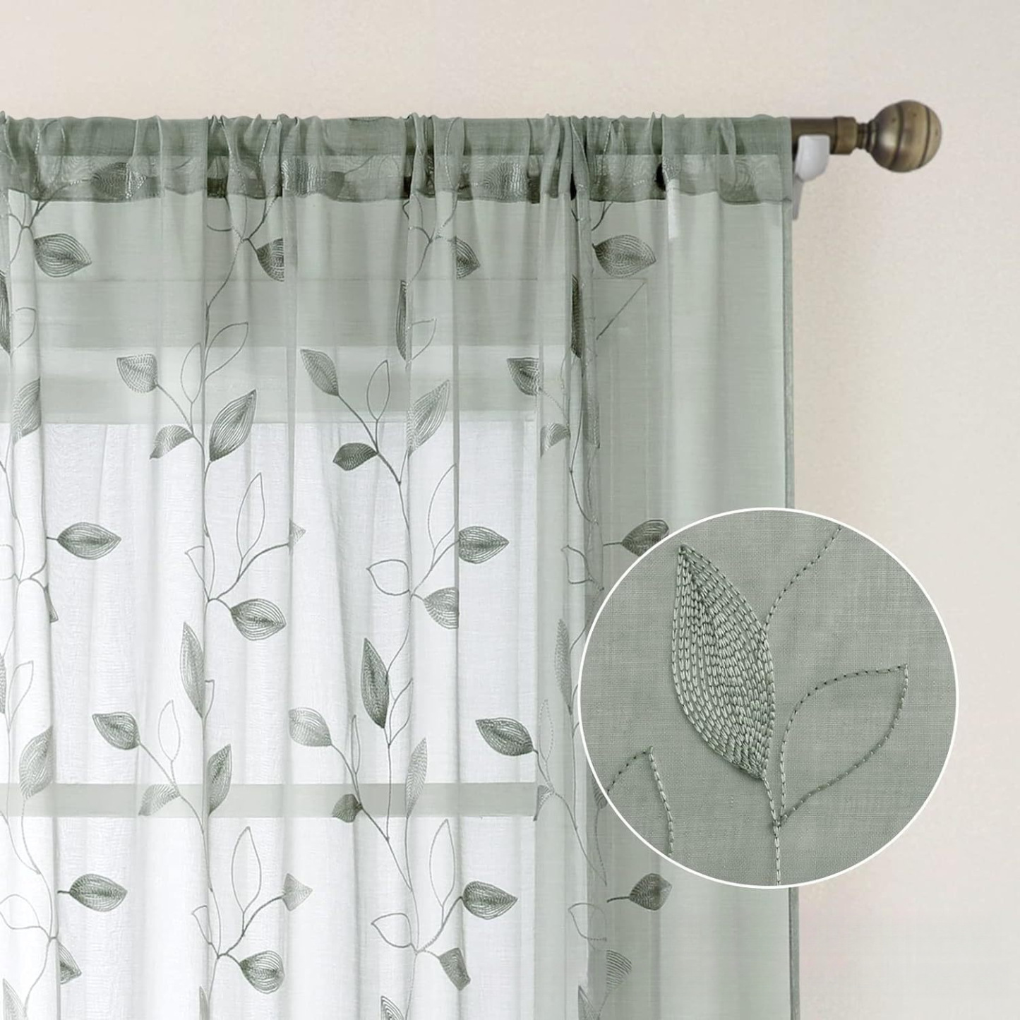 American-Style Leaf Embroidered Sheer Curtains – Ready-Made Panels for Living Room & Bedroom