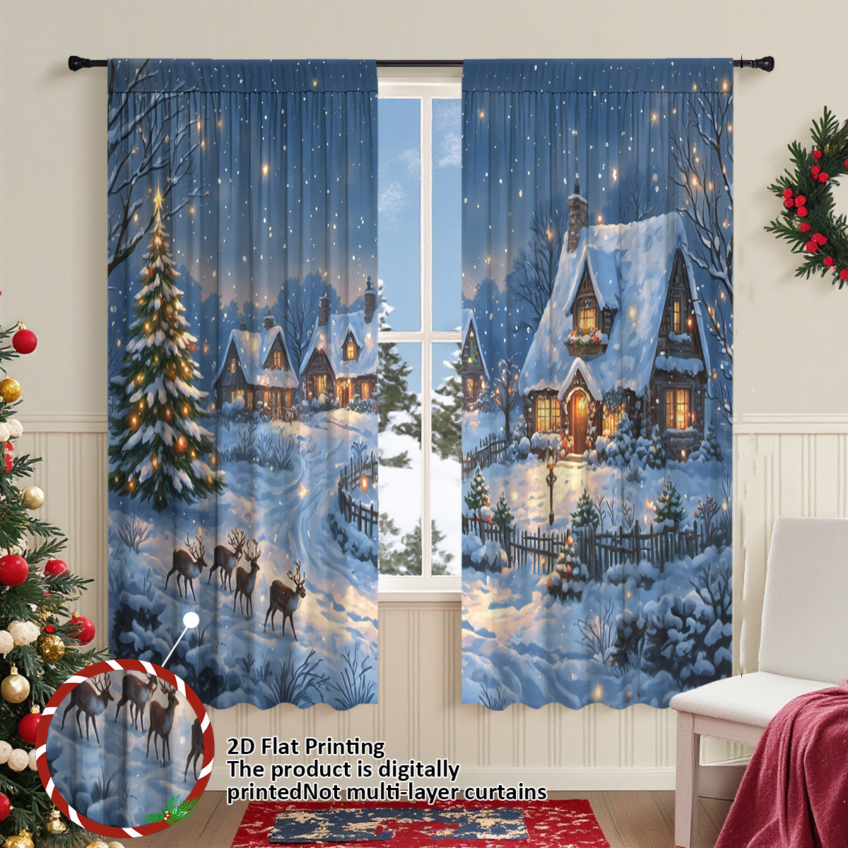 Christmas Printed Blackout Curtains – Ready-Made Rod Pocket Panels for Winter Home Décor