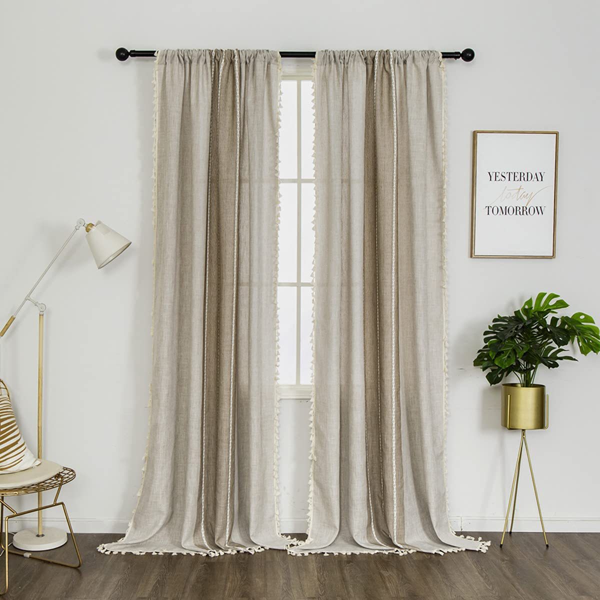 Boho Linen Cotton Short Curtain with Tassels | Semi-Blackout Café Curtain | Bohemian Farmhouse Style for Bedroom/Living Room/Kitchen