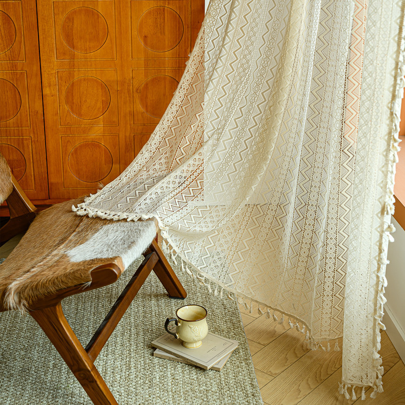 Rod Pocket French Sheer Lace Curtain │ Hollow Design │ Bohemian Tassel │ Bedroom & Living Room