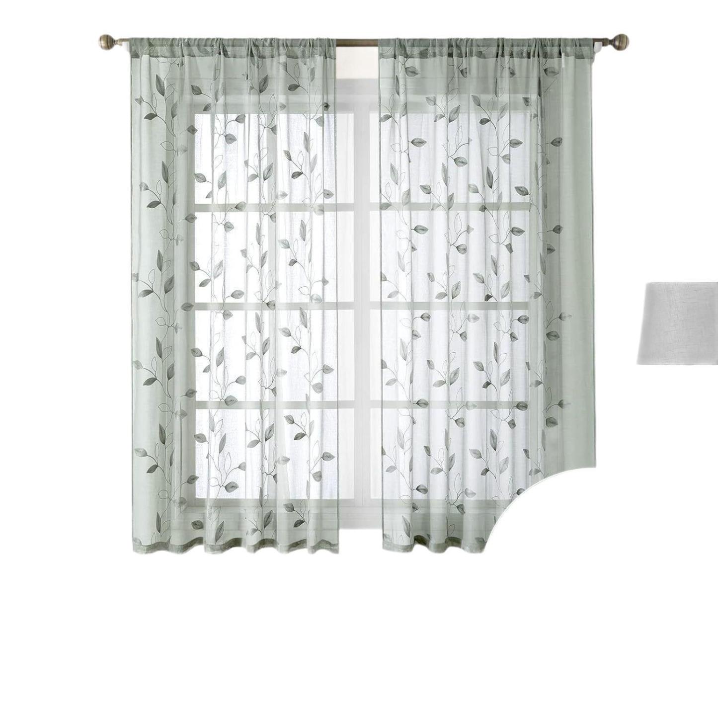 American-Style Leaf Embroidered Sheer Curtains – Ready-Made Panels for Living Room & Bedroom