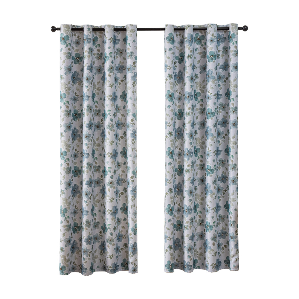 Blue Floral Printed Grommet Blackout Curtains – Small Panels for Bedrooms & Living Rooms