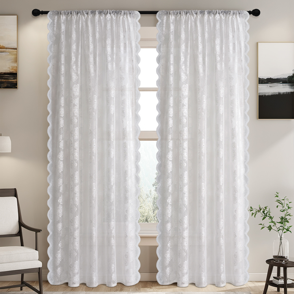 Knitted Lace Camellia Edge Rod Pocket Sheer Curtain │ Ready-Made Window Panel