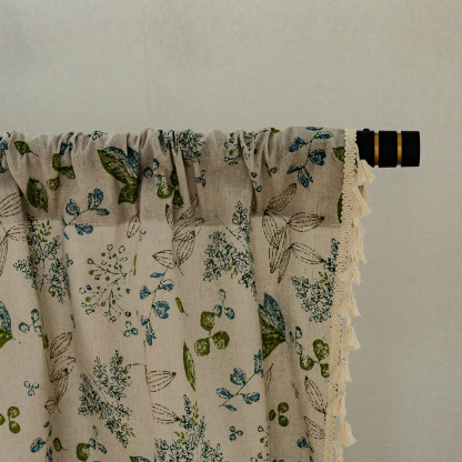 Rod Pocket Curtain │ Cute Green Leaf Floral │ Cotton-Linen │ Japanese & Korean Style │ Short Half Panel for Kitchen / Small Window