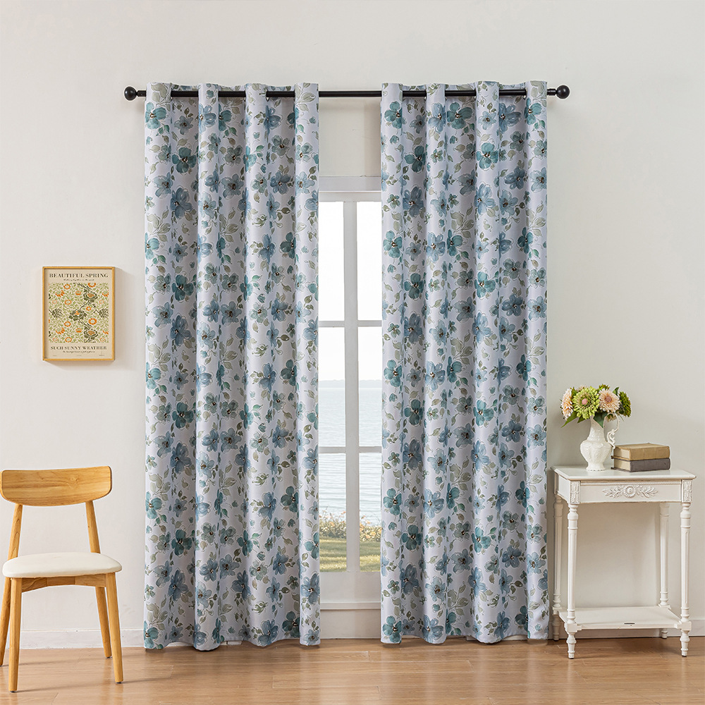 Blue Floral Printed Grommet Blackout Curtains – Small Panels for Bedrooms & Living Rooms