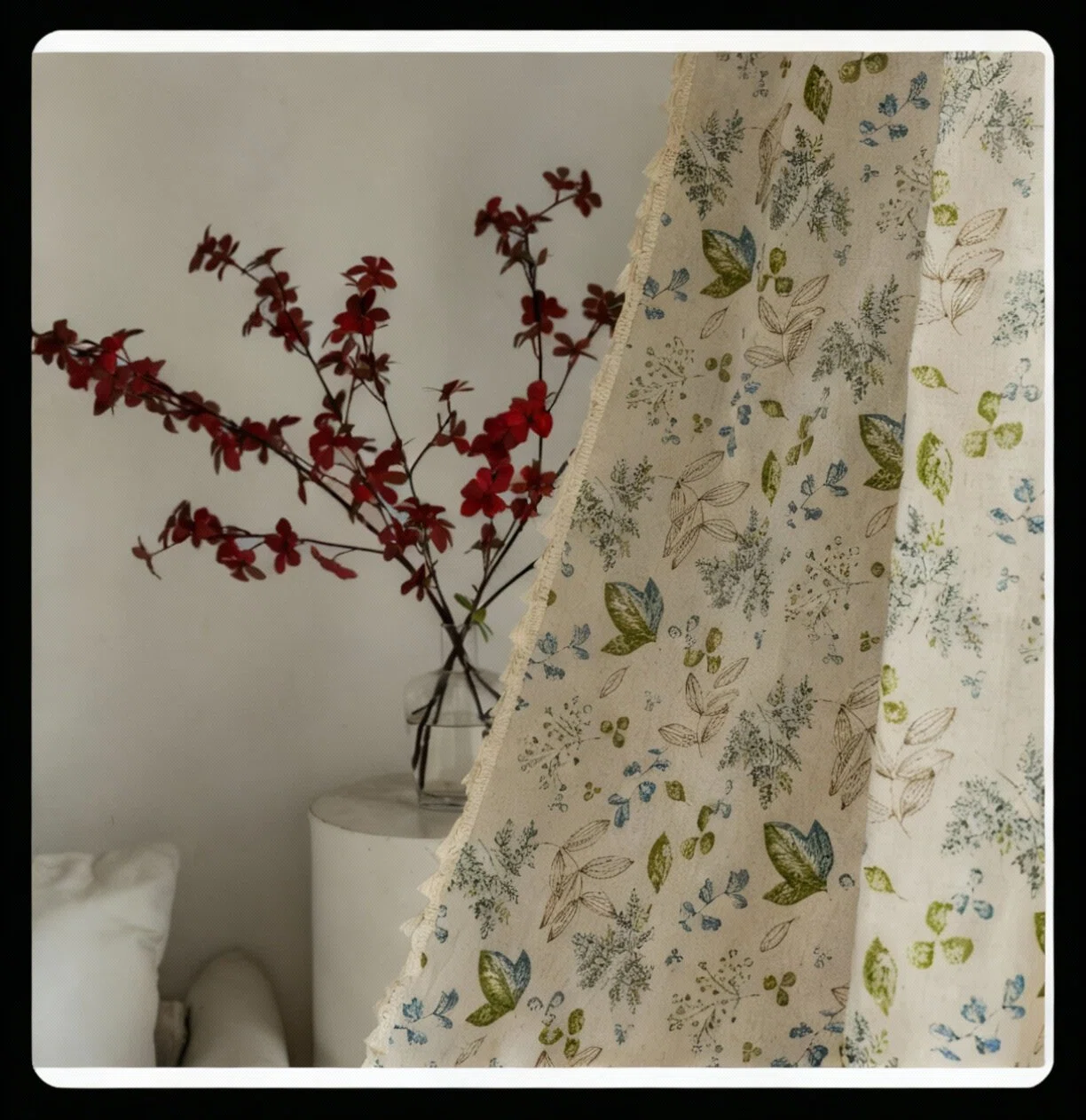 Rod Pocket Curtain │ Cute Green Leaf Floral │ Cotton-Linen │  Short Half Panel for Kitchen / Small Window
