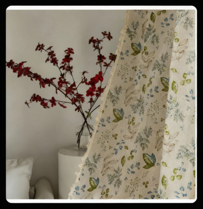 Rod Pocket Curtain │ Cute Green Leaf Floral │ Cotton-Linen │  Short Half Panel for Kitchen / Small Window
