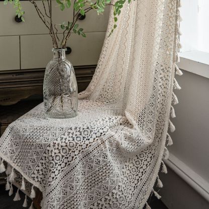 Emanchi Yun Crochet Curtains – Sheer Beige, American Country Style, Ready-Made for Living Room, Balcony & Bedroom