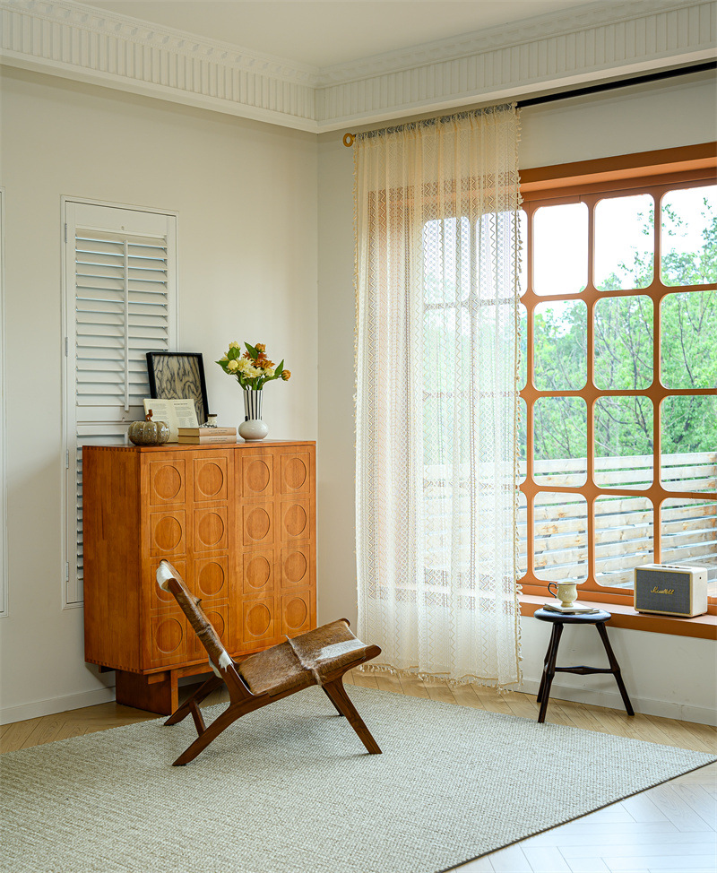 Rod Pocket French Sheer Lace Curtain │ Hollow Design │ Bohemian Tassel │ Bedroom & Living Room