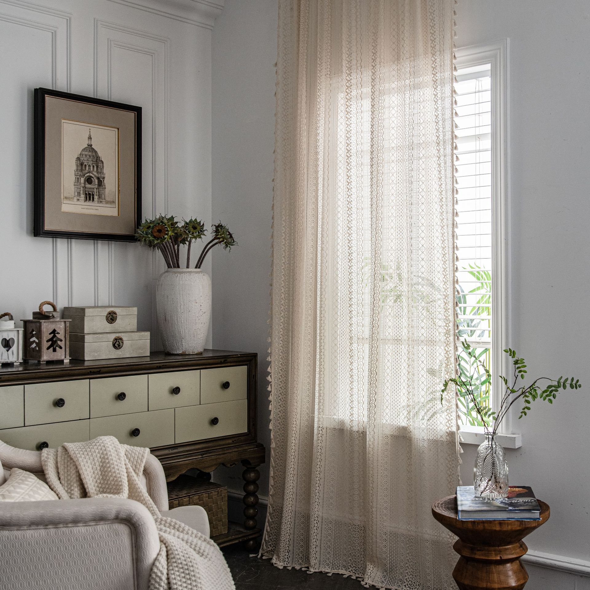 Emanchi Yun Crochet Curtains – Sheer Beige, American Country Style, Ready-Made for Living Room, Balcony & Bedroom