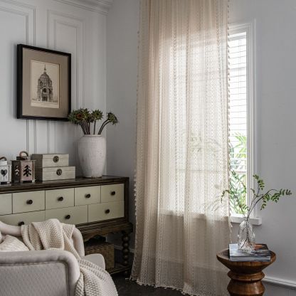 Emanchi Yun Crochet Curtains – Sheer Beige, American Country Style, Ready-Made for Living Room, Balcony & Bedroom
