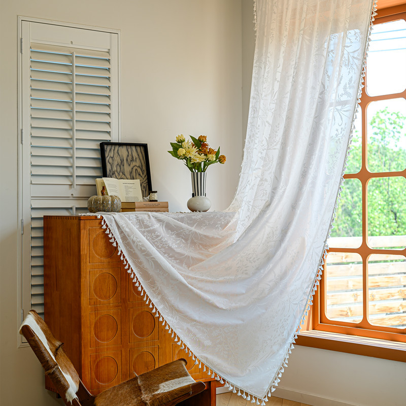 Rod Pocket French Sheer Lace Curtain │ Hollow Design │ Bohemian Tassel │ Bedroom & Living Room