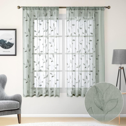 American-Style Leaf Embroidered Sheer Curtains – Ready-Made Panels for Living Room & Bedroom