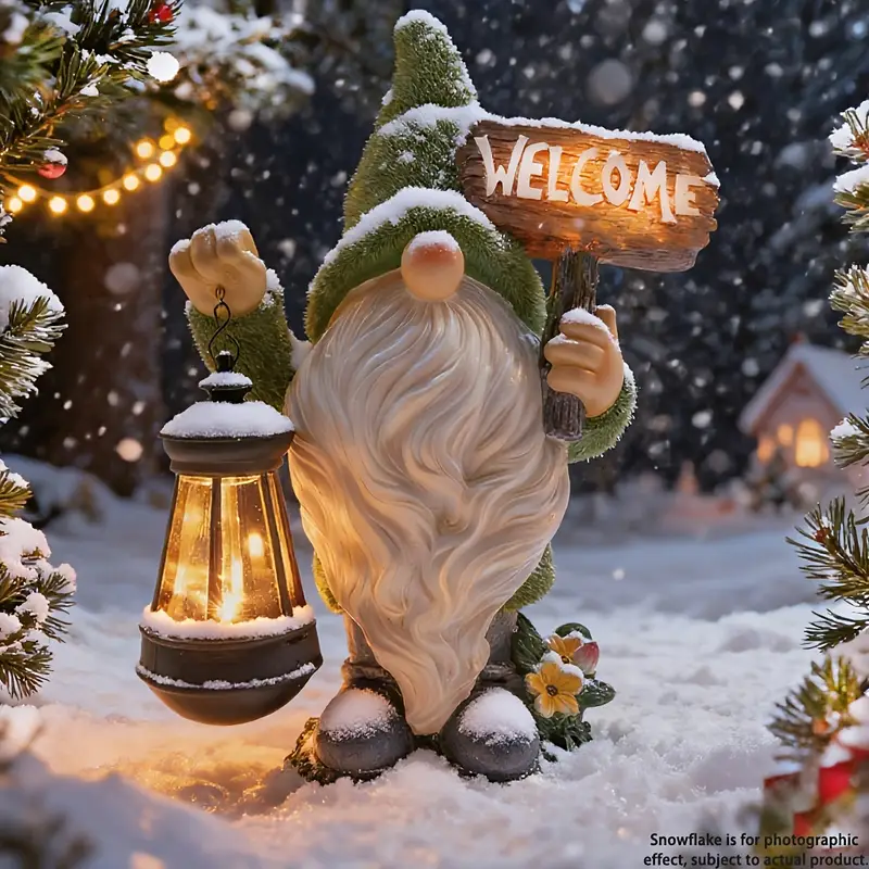 Große, beflockte Gartenzwerg-Statue aus Kunstharz mit Willkommensschild