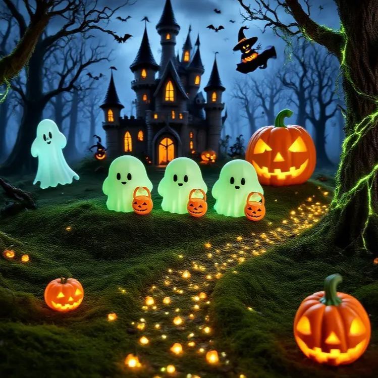 👻 Ett läskigt spöke som bär en pumpa och skriker "Bus eller godis!"