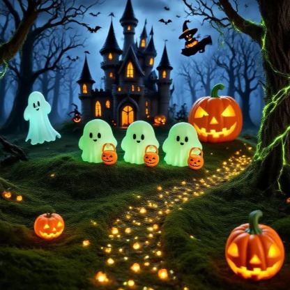 👻 Ett läskigt spöke som bär en pumpa och skriker "Bus eller godis!"