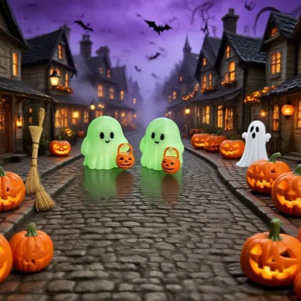 👻 Ett läskigt spöke som bär en pumpa och skriker "Bus eller godis!"