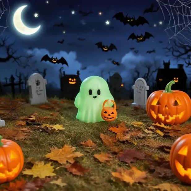 👻 Ett läskigt spöke som bär en pumpa och skriker "Bus eller godis!"