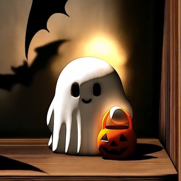 👻 Ett läskigt spöke som bär en pumpa och skriker "Bus eller godis!"