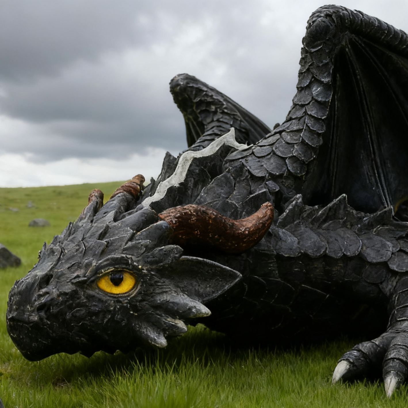 Dragon Statue - Black Fantasy Garden Decor with Glowing eyes