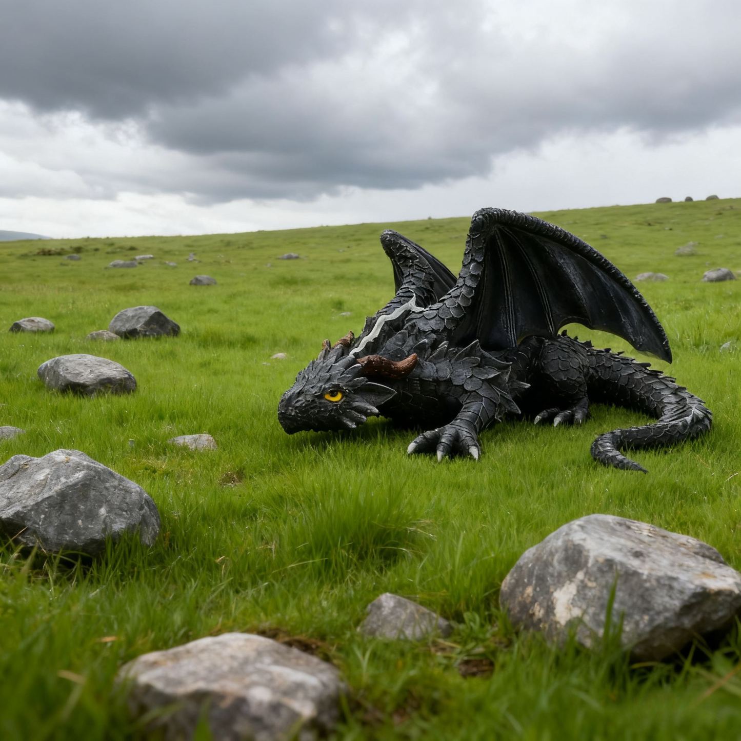 Dragon Statue - Black Fantasy Garden Decor with Glowing eyes