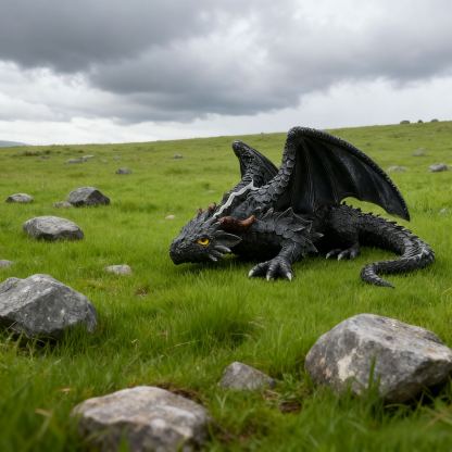 Dragon Statue - Black Fantasy Garden Decor with Glowing eyes