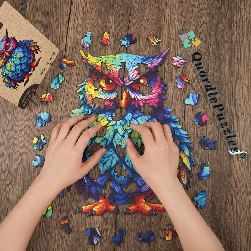 🔥LAST DAY 96% -Owl With Colorful Feathers Wooden Jigsaw Puzzle 🎁