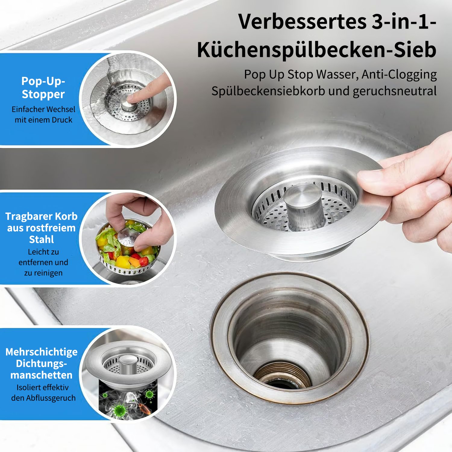🔥 Last Day 49% Off – Improved 3-in-1 Drain Screen for Kitchen Sink