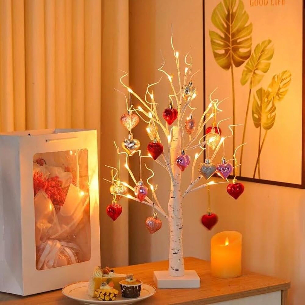 🔥LAST DAY 49% OFF❤️ Valentines Day Decor Lighted Birch Tree with Heart Ornaments