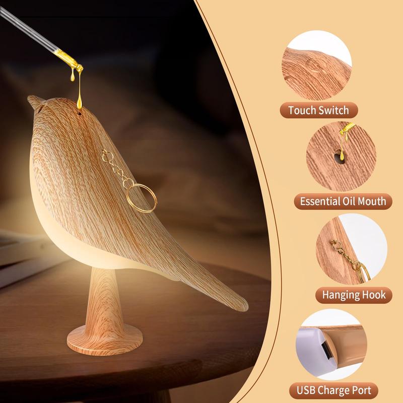 Small Bird Touch Lamp, Dimmable and Cordless Bird Night Light, USB Rechargeable Touch Sensor Control Table and Desk Lamp with Aroma Diffuser Function for Bedroom