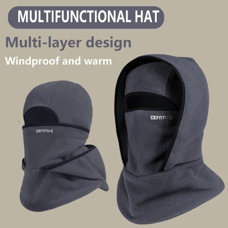 Two views of the multifunctional hat showing face mask and pullover styles