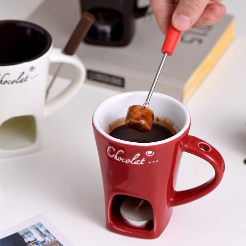 🍫🍓🧀Chocolate Fondue Mug Set – Ceramic Fondue Cup with Forks and Candle🎁