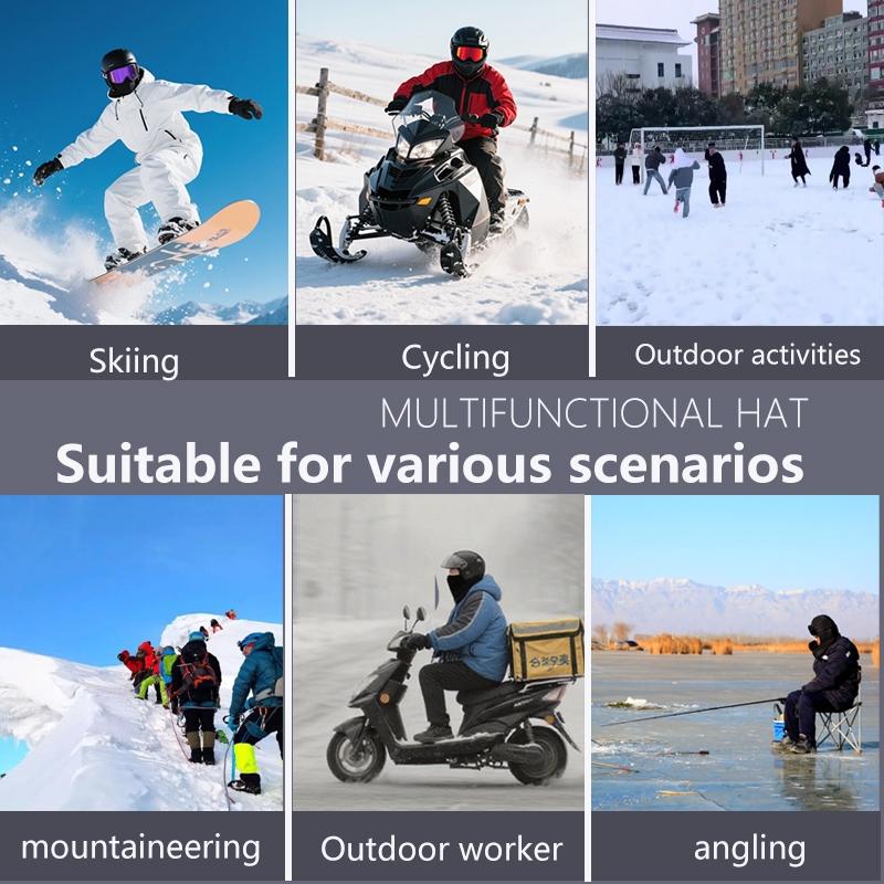 Product use in various scenarios: skiing, snowmobiling, mountaineering, outdoor work, and fishing