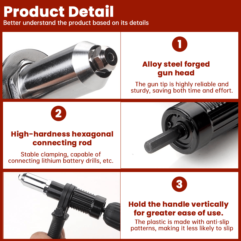 🛠️Pro-Grade Electric Rivet Gun Adapter – 💥With 4 Nozzle Sizes for Home DIY, Automotive & Industrial Use ⚡Turn Your Drill into a Riveting Beast!