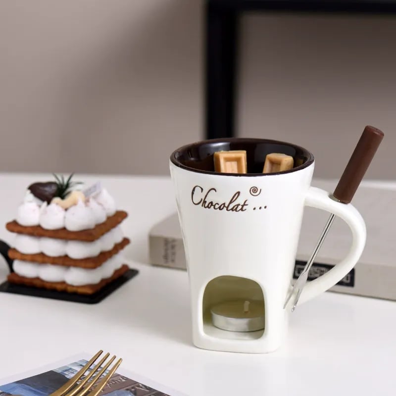 🍫🍓🧀Chocolate Fondue Mug Set – Ceramic Fondue Cup with Forks and Candle🎁