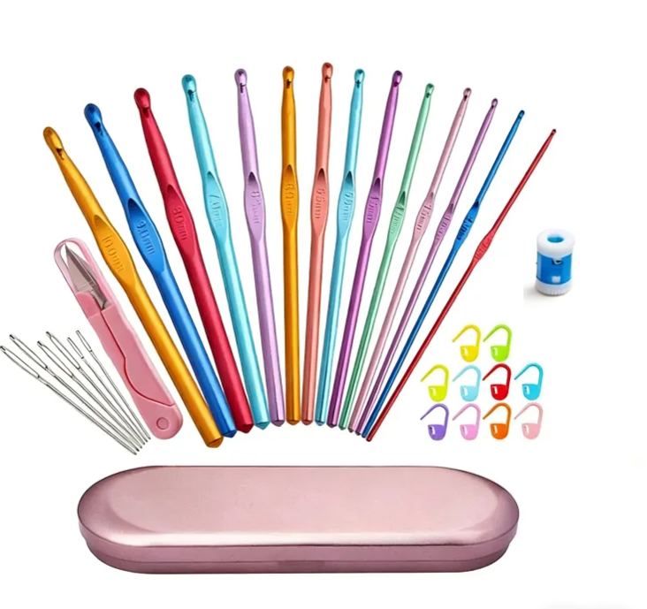 Colorful knitted and crocheted set