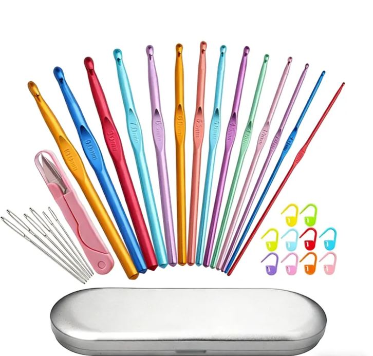 Colorful knitted and crocheted set