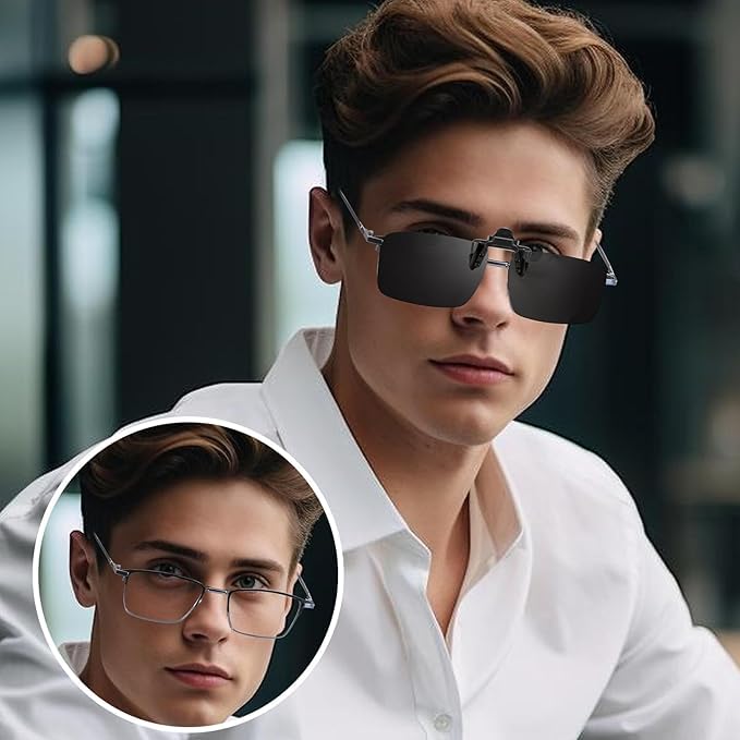 Polarized Clip-on Flip Up Metal Clip Rimless Sunglasses, Rimless Rectangle Glasses #dy-311